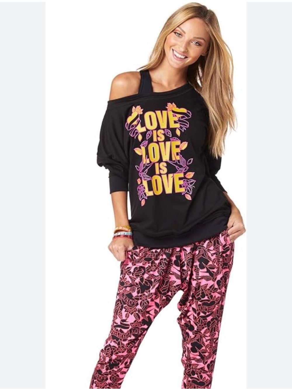 Zumba Fitness Black Off-Shoulder Long Sleeve Tee with Yellow & Pink Graphic